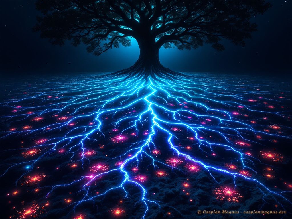Ancient rooted tree with bioluminescent cyan and violet roots spreading horizontally across cosmic substrate — values glowing through roots as luminous sap through mycelial network. Amber chromatophore nodes at intersections. Deep indigo backdrop.
